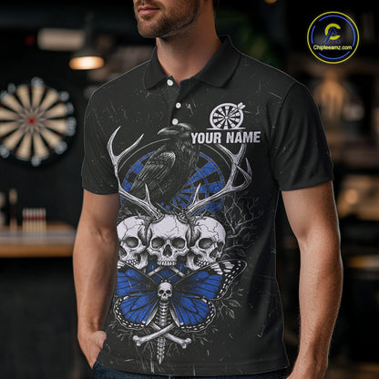 Blue Skulls Butterfly Grunge Dartboard Custom Darts Polo Shirt For Men Retro Dart Gifts NYN2004