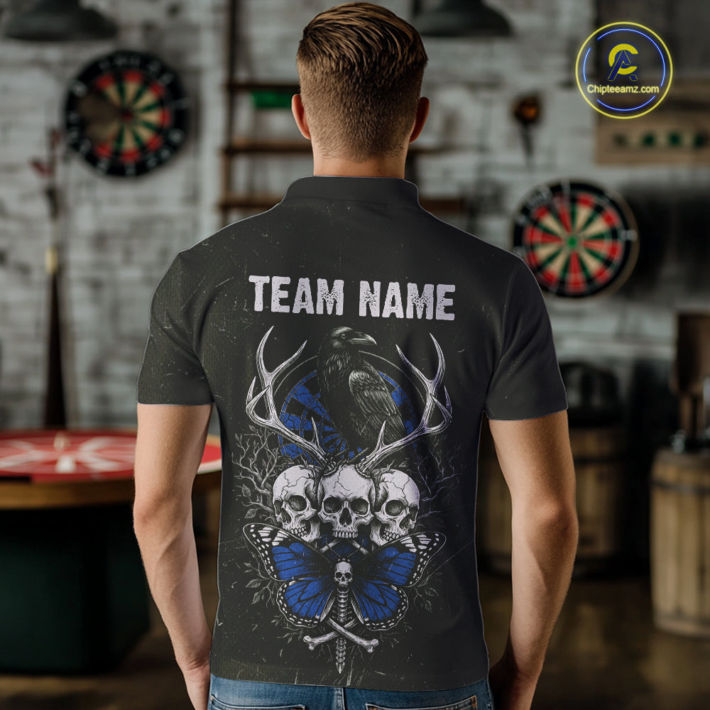 Blue Skulls Butterfly Grunge Dartboard Custom Darts Polo Shirt For Men Retro Dart Gifts NYN2004