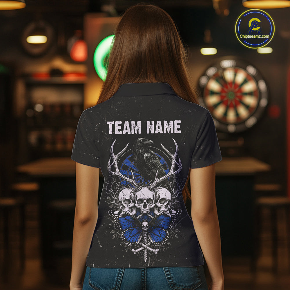 Blue Skulls Butterfly Grunge Dartboard Custom Darts Polo Shirt For Women Retro Dart Gifts NYN2004