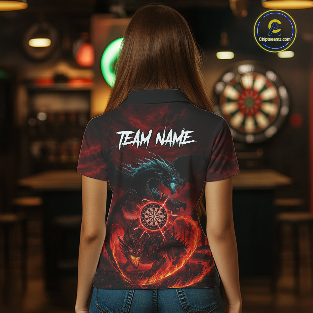 Double Dragon Red & Blue Flaming Dartboard Custom Polo Darts Shirt For Women Dart Gifts NYN2009