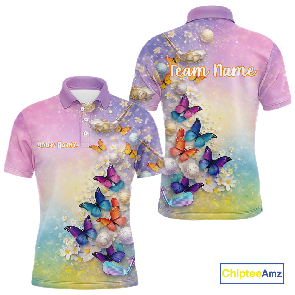 Colorful Butterfly Mens Golf Polo Shirt Custom Name Floral Watercolor Golf Shirts NYN2905