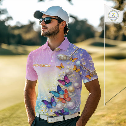 Colorful Butterfly Mens Golf Polo Shirt Custom Name Floral Watercolor Golf Shirts NYN2905