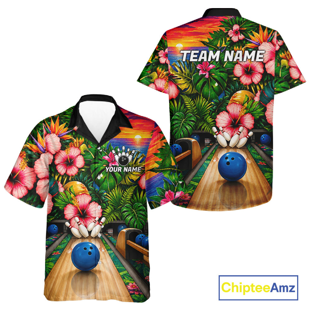 Monstera Pattern bowling Hawaiian shirt featuring tropical monstera leaves, bowling graphics, custom aloha button-up shirt, personalized bowling league apparel, island-inspired vacation team clothing