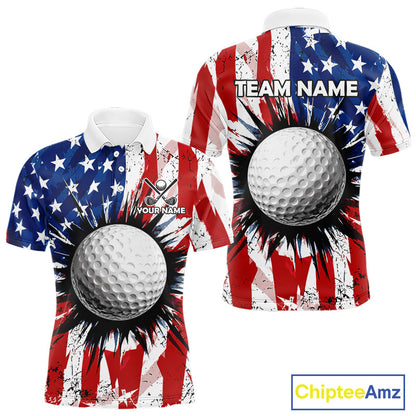 Men's patriotic grunge American flag golf polo shirt, custom UPF golf shirt, golf team apparel, USA golf clothing, performance golf polo