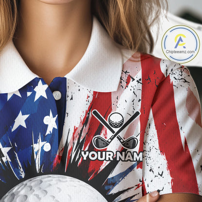Female golfer wearing grunge American flag golf polo shirt, patriotic golf apparel, women's golf tournament clothing