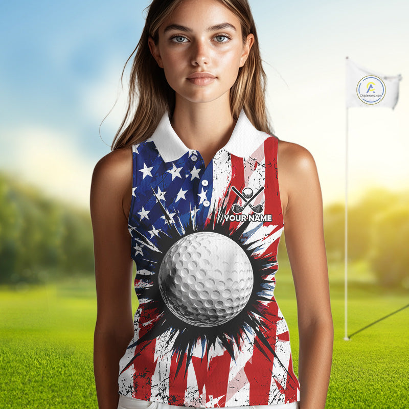 Female golfer wearing grunge American flag golf polo shirt, patriotic golf apparel, women's golf tournament clothing
