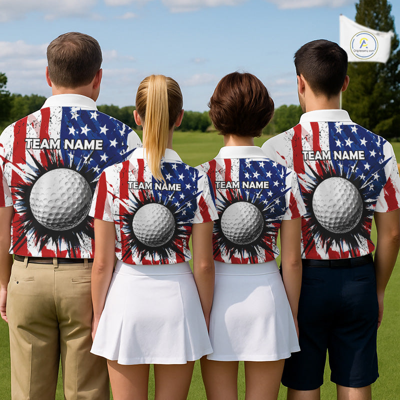 Men women golf team wearing matching patriotic grunge golf polo shirts, American flag golf uniforms, team golf apparel