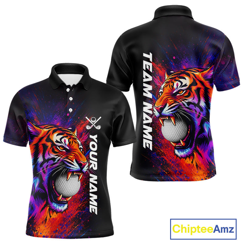 Colorful Tiger men's golf polo shirt, splatter golf apparel, tiger golf shirt, custom golf team uniform, golf gift for men