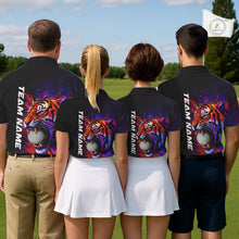 Load image into Gallery viewer, Men women golf team wearing matching colorful tiger golf polo shirts, custom golf uniforms, golf tournament apparel