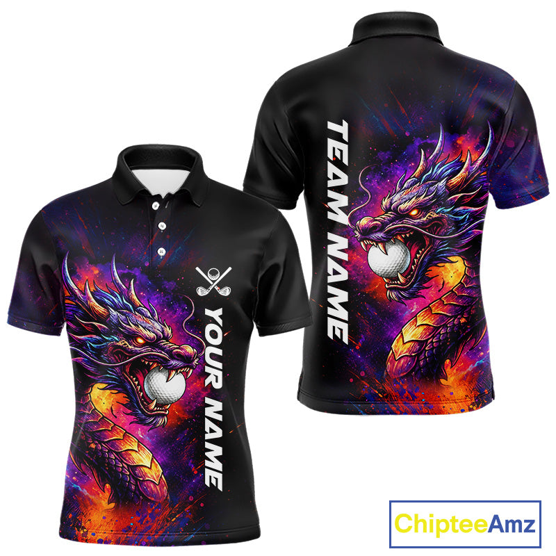 Colorful Dragon men's golf polo shirt, dragon golf apparel, splatter golf team shirt, men's golf clothing, custom golf attire