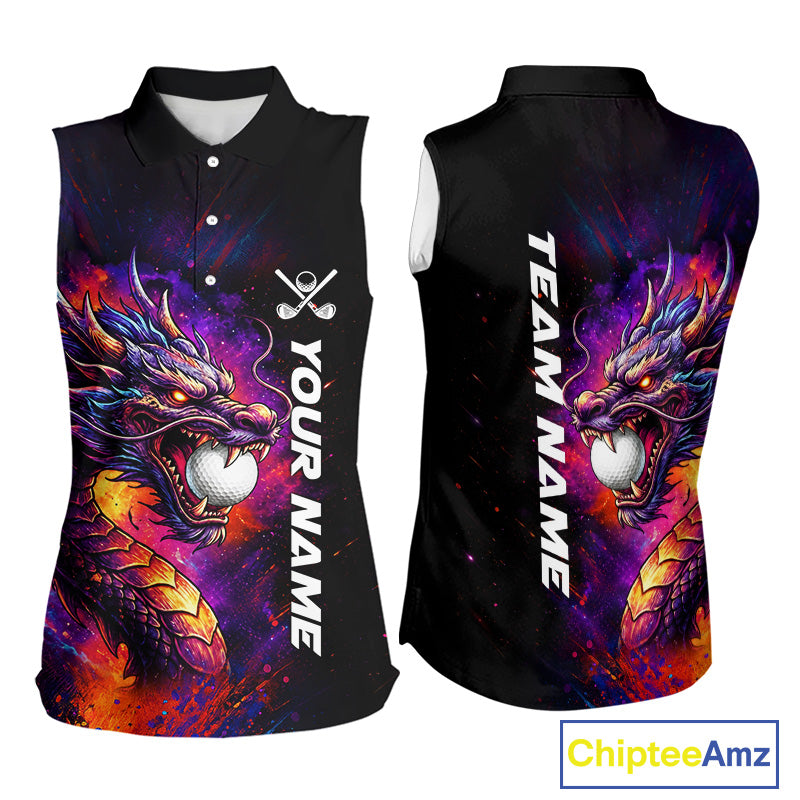 Colorful Dragon women's golf polo shirt, dragon golf apparel, splatter golf team shirt, ladies golf clothing