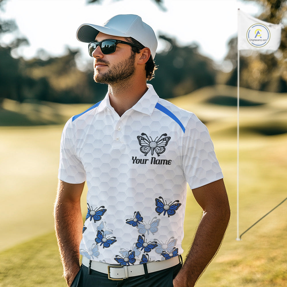 Blue Pattern Butterfly Mens Golf Polo Shirt Custom Name White Ball Golf Clothes Shirts NYN2909