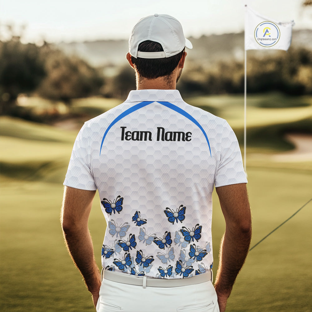 Blue Pattern Butterfly Mens Golf Polo Shirt Custom Name White Ball Golf Clothes Shirts NYN2909
