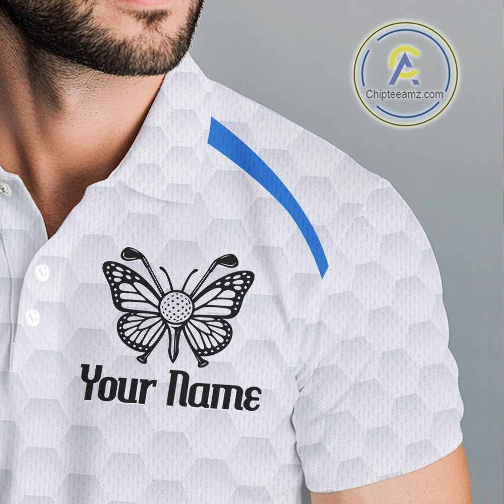 Blue Pattern Butterfly Mens Golf Polo Shirt Custom Name White Ball Golf Clothes Shirts NYN2909