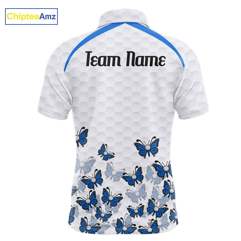 Blue Pattern Butterfly Mens Golf Polo Shirt Custom Name White Ball Golf Clothes Shirts NYN2909
