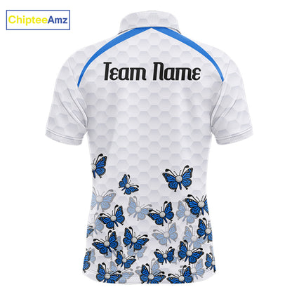 Blue Pattern Butterfly Mens Golf Polo Shirt Custom Name White Ball Golf Clothes Shirts NYN2909