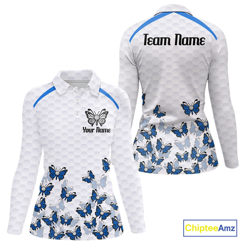 Blue Pattern Butterfly Womens Golf Polo Shirt Custom Name White Ball Golf Clothes Shirts NYN2909