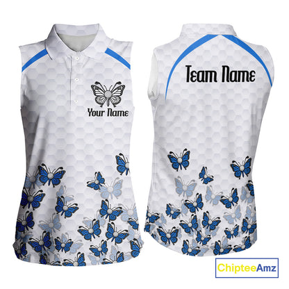 Blue Pattern Butterfly Womens Sleeveless Golf Polo Shirt Custom Name White Ball Golf Clothes Shirts NYN2909