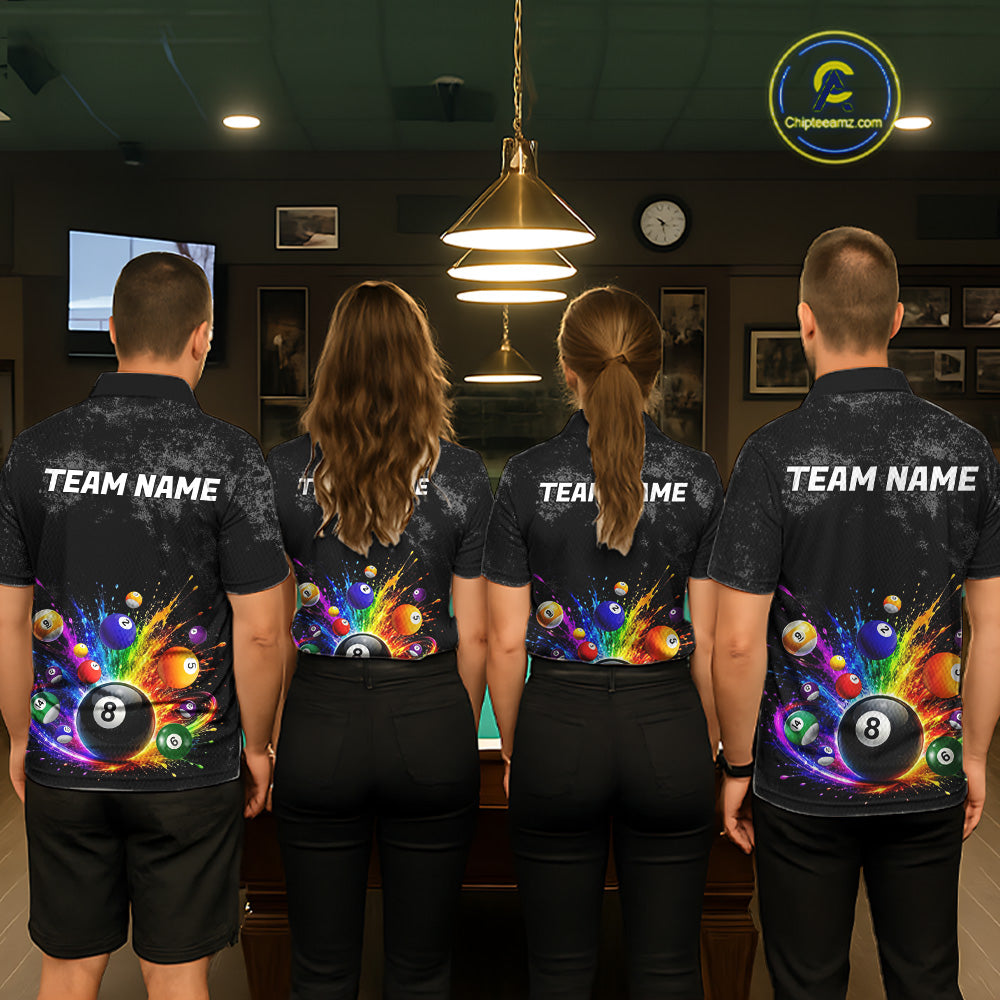 Personalized Rainbow Splatter 8 Ball Pool Polo Shirts For Women, Custom Grunge Billiard Team Apparel NYN3294