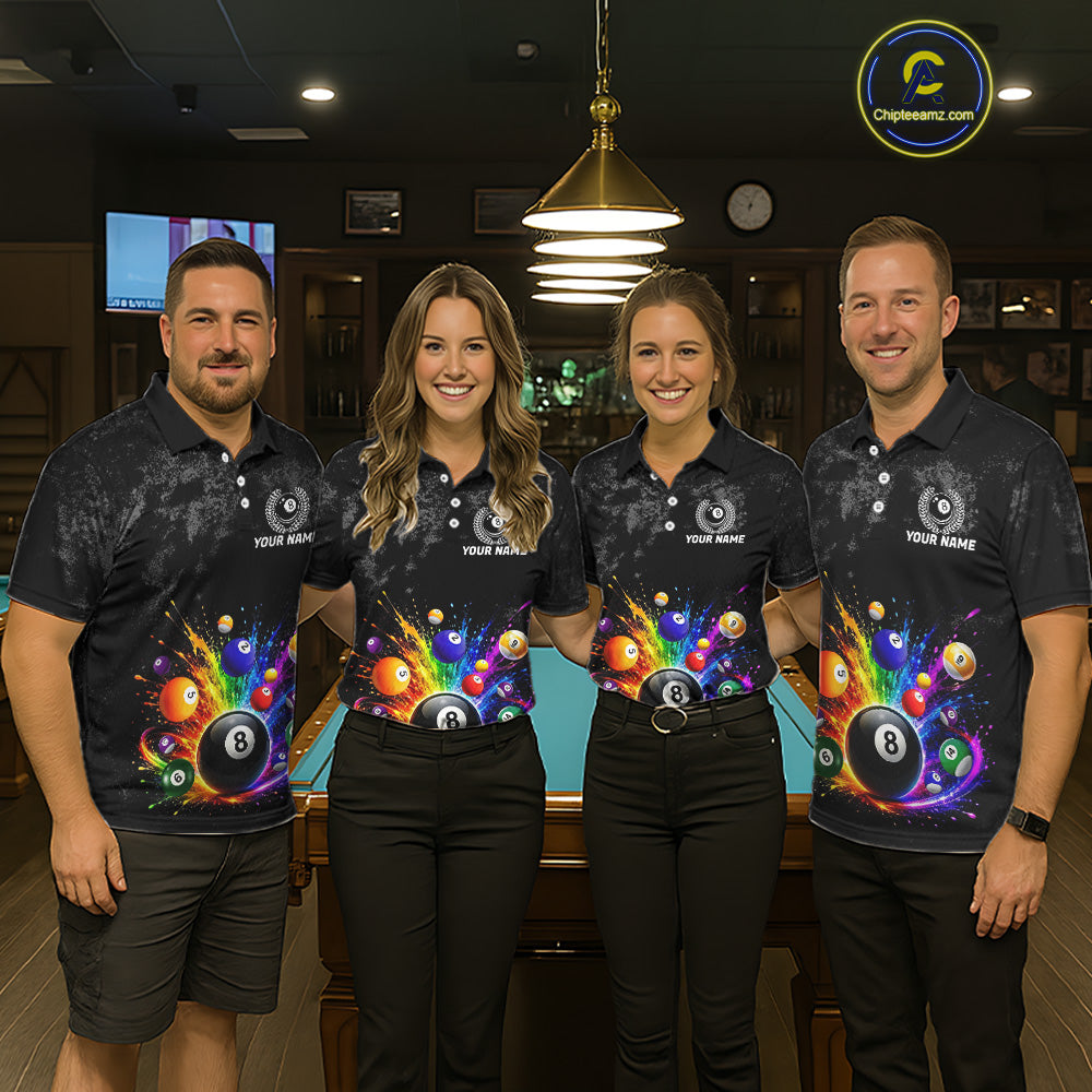 Personalized Rainbow Splatter 8 Ball Pool Polo Shirts For Women, Custom Grunge Billiard Team Apparel NYN3294