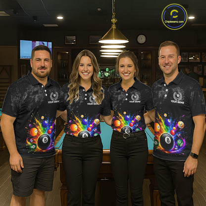 Personalized Rainbow Splatter 8 Ball Pool Polo Shirts For Women, Custom Grunge Billiard Team Apparel NYN3294