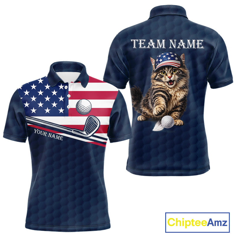 Men's funny cat golf polo shirt, American flag golf apparel, custom name golf shirt, patriotic golf clothing, golf team uniform