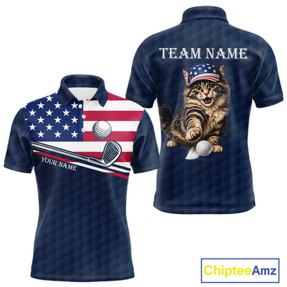 Men's funny cat golf polo shirt, American flag golf apparel, custom name golf shirt, patriotic golf clothing, golf team uniform