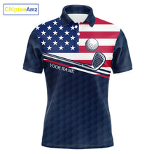 Load image into Gallery viewer, Men's funny cat golf polo shirt, American flag golf apparel, custom name golf shirt, patriotic golf clothing, golf team uniform
