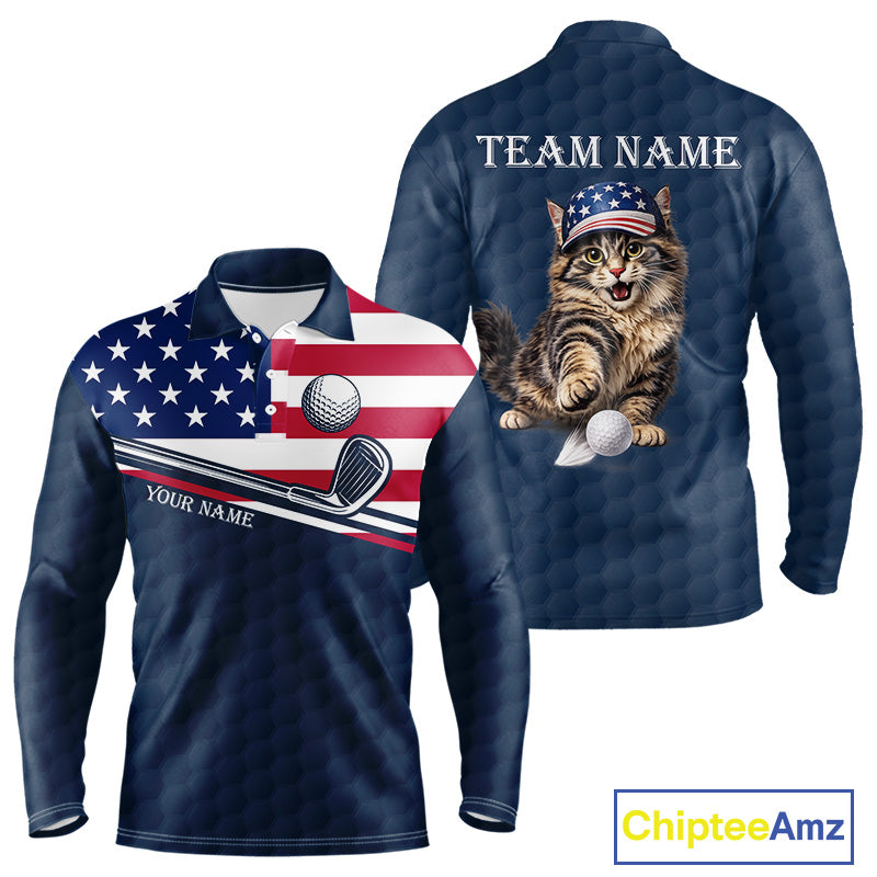 Men's funny cat golf long sleeves polo shirt, American flag golf apparel, custom name golf shirt, patriotic golf clothing, golf team uniform