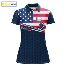 Load image into Gallery viewer, Women's funny cat golf short sleeves polo shirt, American flag golf apparel, custom name golf shirt, patriotic golf clothing, golf team uniform