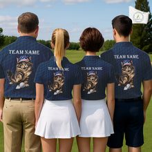 Load image into Gallery viewer, Men women golf team wearing matching funny cat golf polo shirts, custom golf team uniforms, patriotic golf apparel