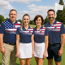 Load image into Gallery viewer, Men women golf team wearing matching funny cat golf polo shirts, custom golf team uniforms, patriotic golf apparel