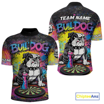 Custom Funny Bulldog Colorful Paint Men Darts Quarter-Zip League Shirts Splash Dart Team Jerseys NYN2253