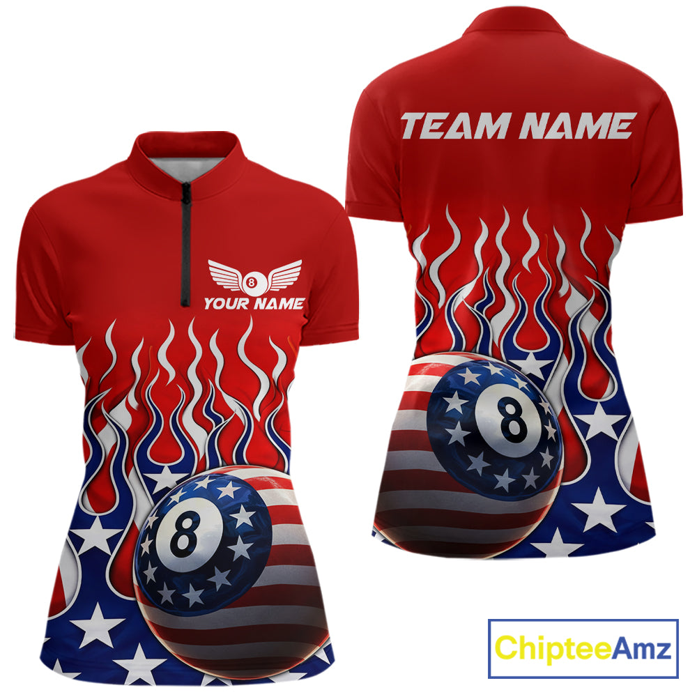 Custom Fire Flame US Flag Pool 8 Ball Women's Billiard Shirt Patriotic Billiard Team Attire NYN2545