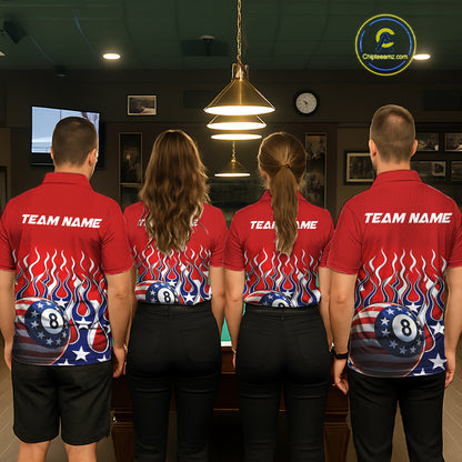 Custom Fire Flame US Flag Pool 8 Ball Men's Billiard Shirt Patriotic Billiard Team Attire NYN2545