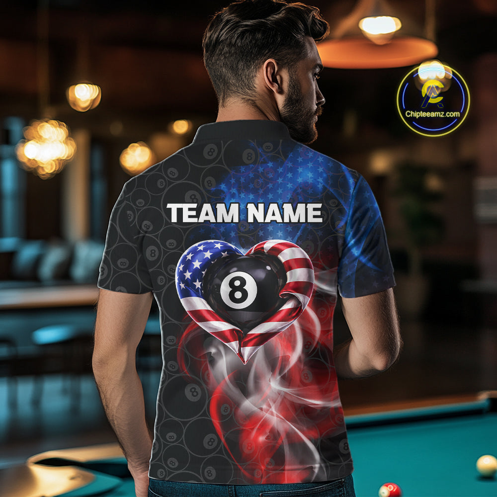 Heart US Flag Pool 8 Ball Men's Billiard Shirt Custom Couple Patriotic Billiard Attire NYN2549