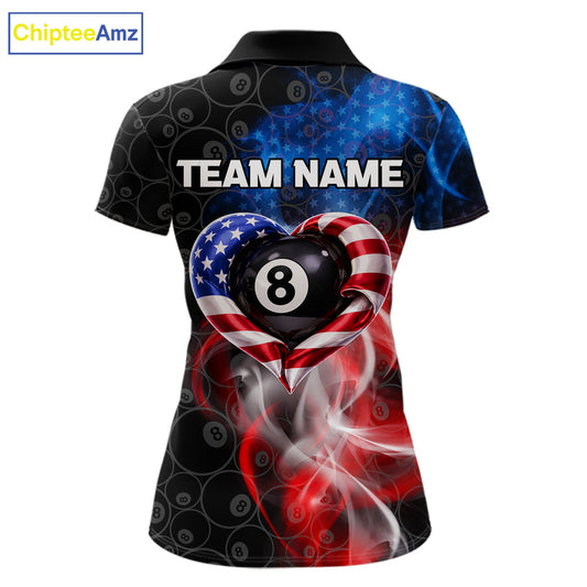 Heart US Flag Pool 8 Ball Women's Billiard Shirt Custom Couple Patriotic Billiard Attire NYN2549