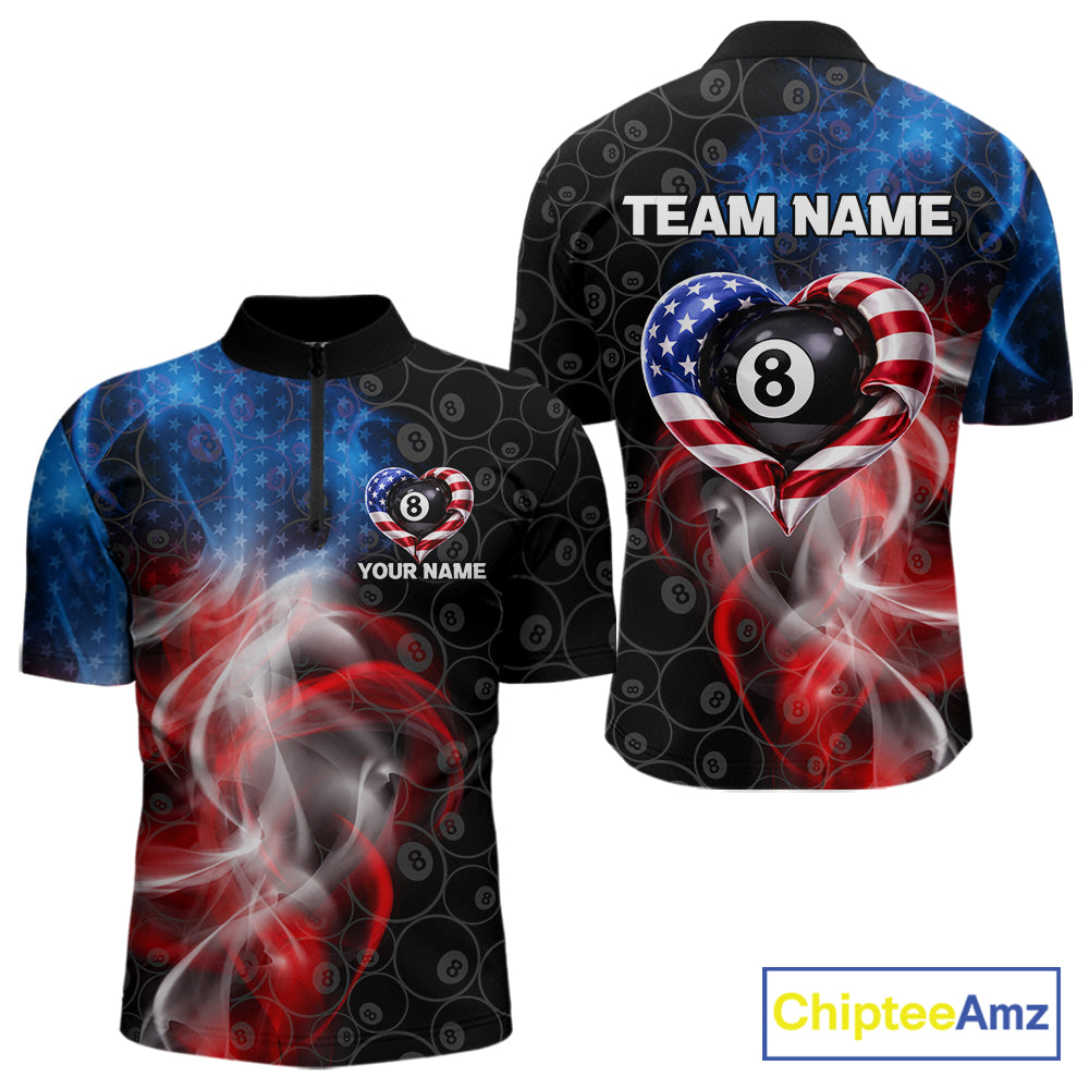 Heart US Flag Pool 8 Ball Men's Billiard Shirt Custom Couple Patriotic Billiard Attire NYN2549