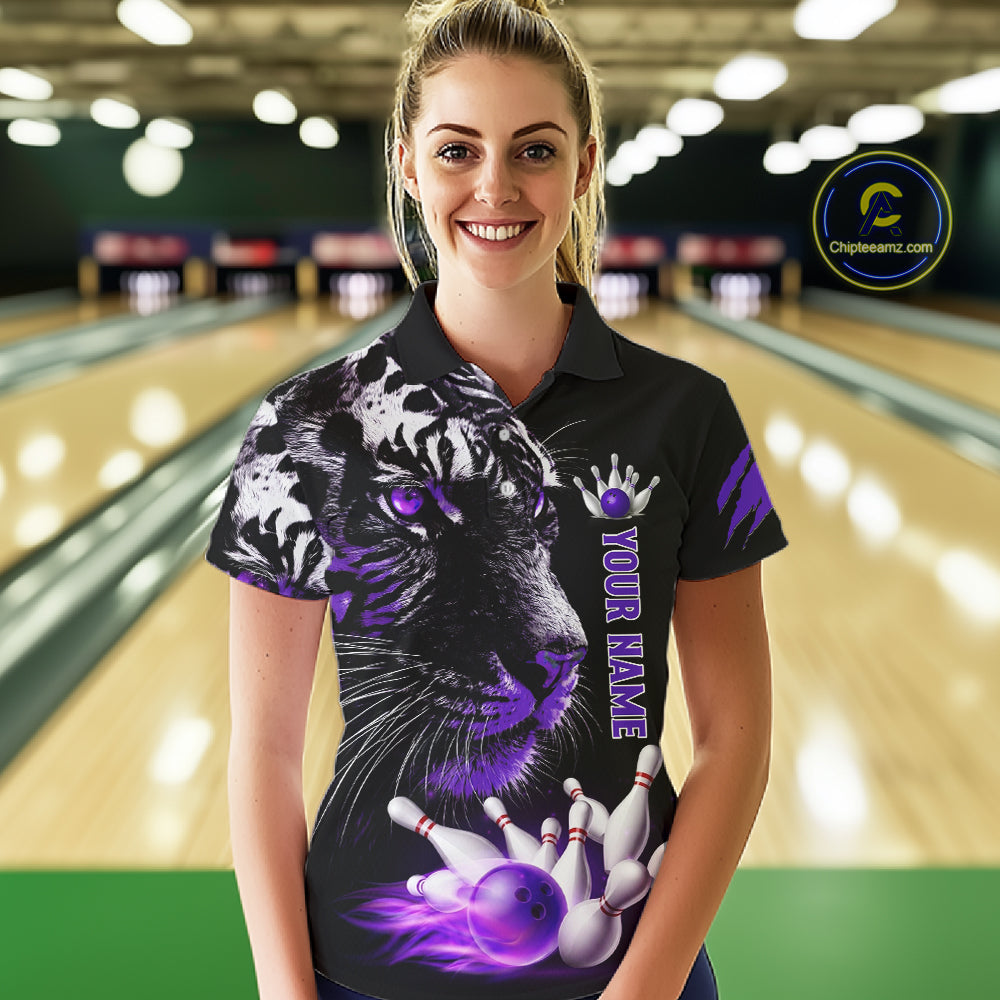 Personalized Horror Tiger Bowling Shirts For Women Purple Flaming Tiger Team Bowling Jerseys NYN3131