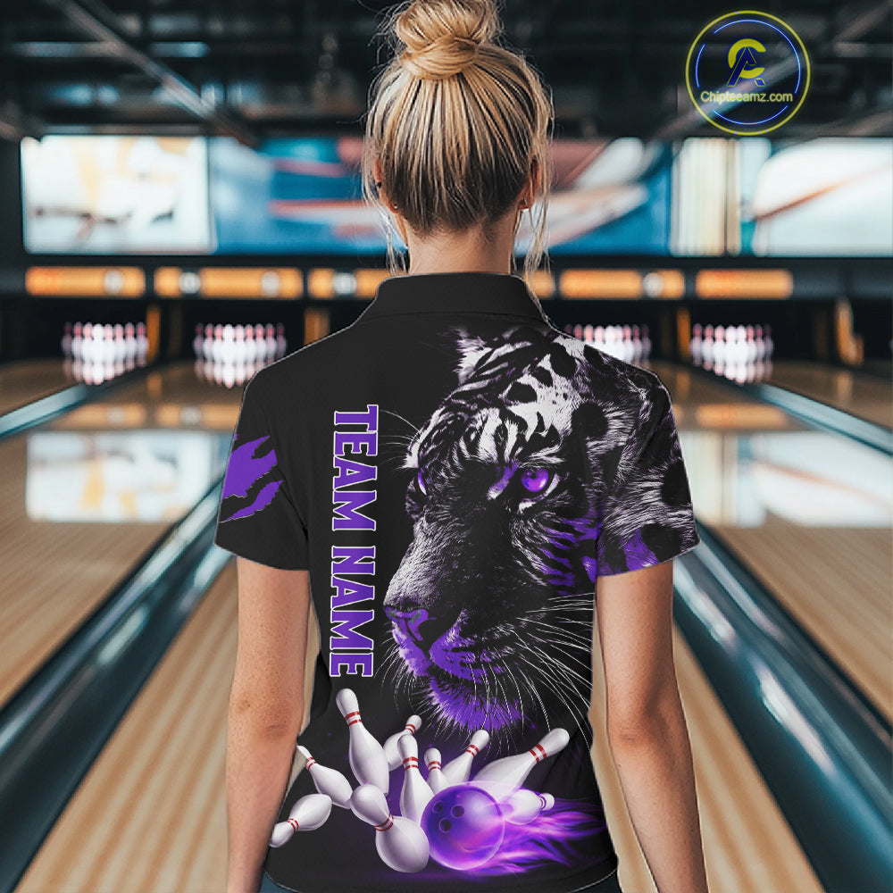 Personalized Horror Tiger Bowling Shirts For Women Purple Flaming Tiger Team Bowling Jerseys NYN3131