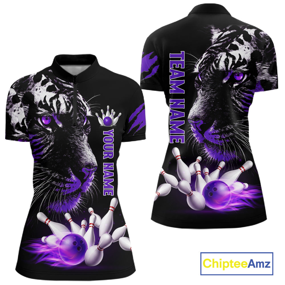 Personalized Horror Tiger Bowling Shirts For Women Purple Flaming Tiger Team Bowling Jerseys NYN3131