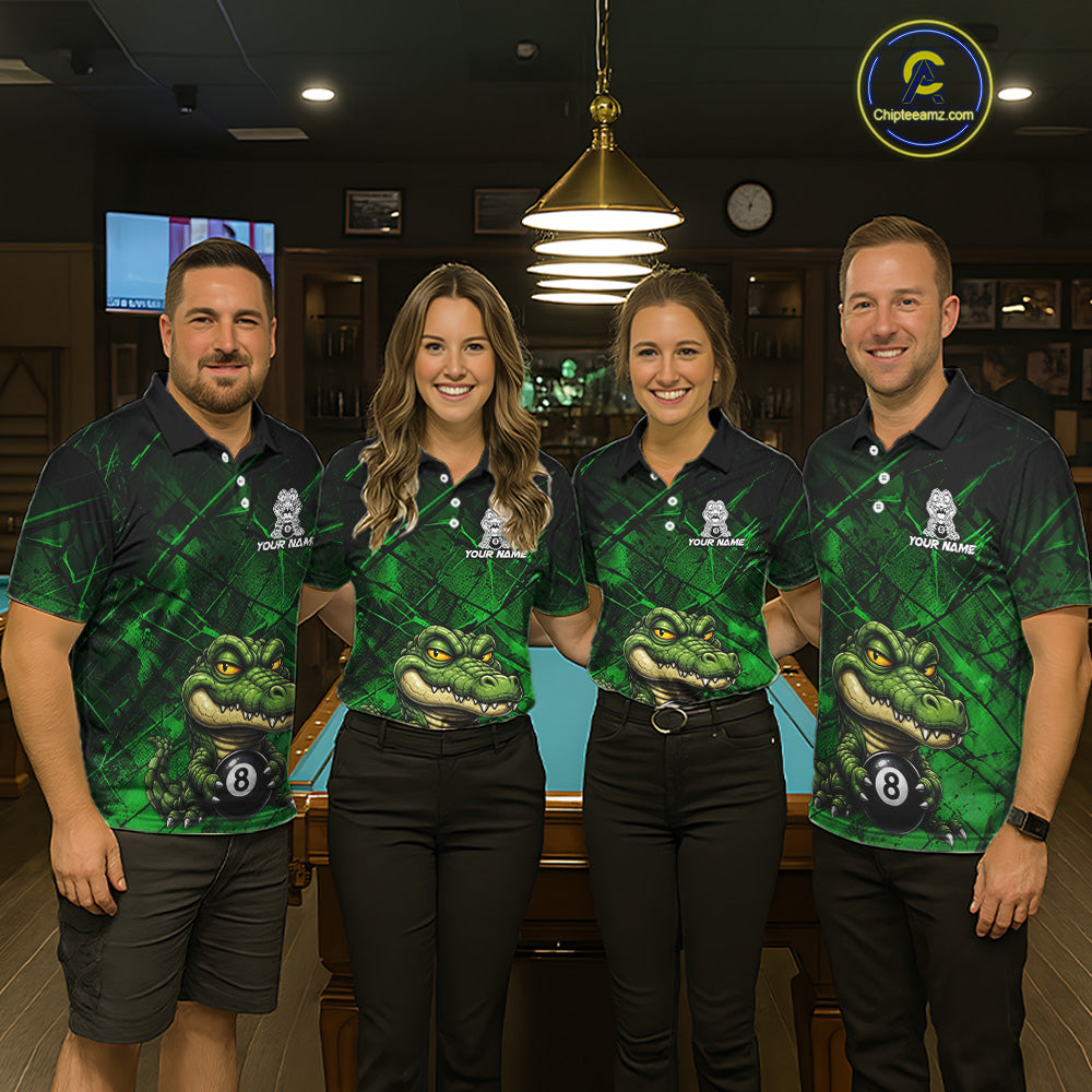 Funny Crocodile 8 Ball Pool Billiard Shirts For Women Custom Green Grunge Billiard Polo & 1/4-Zip Jersey NYN3313