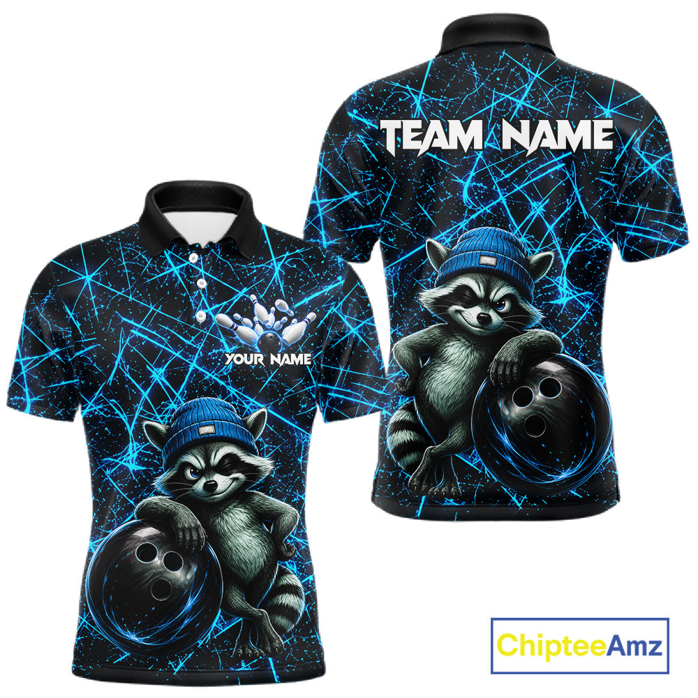 Funny cool raccoon bowling ball men's bowling polo shirt, neon blue lightning bowling jersey, custom bowling team shirt, personalized bowling apparel, bowling league uniform