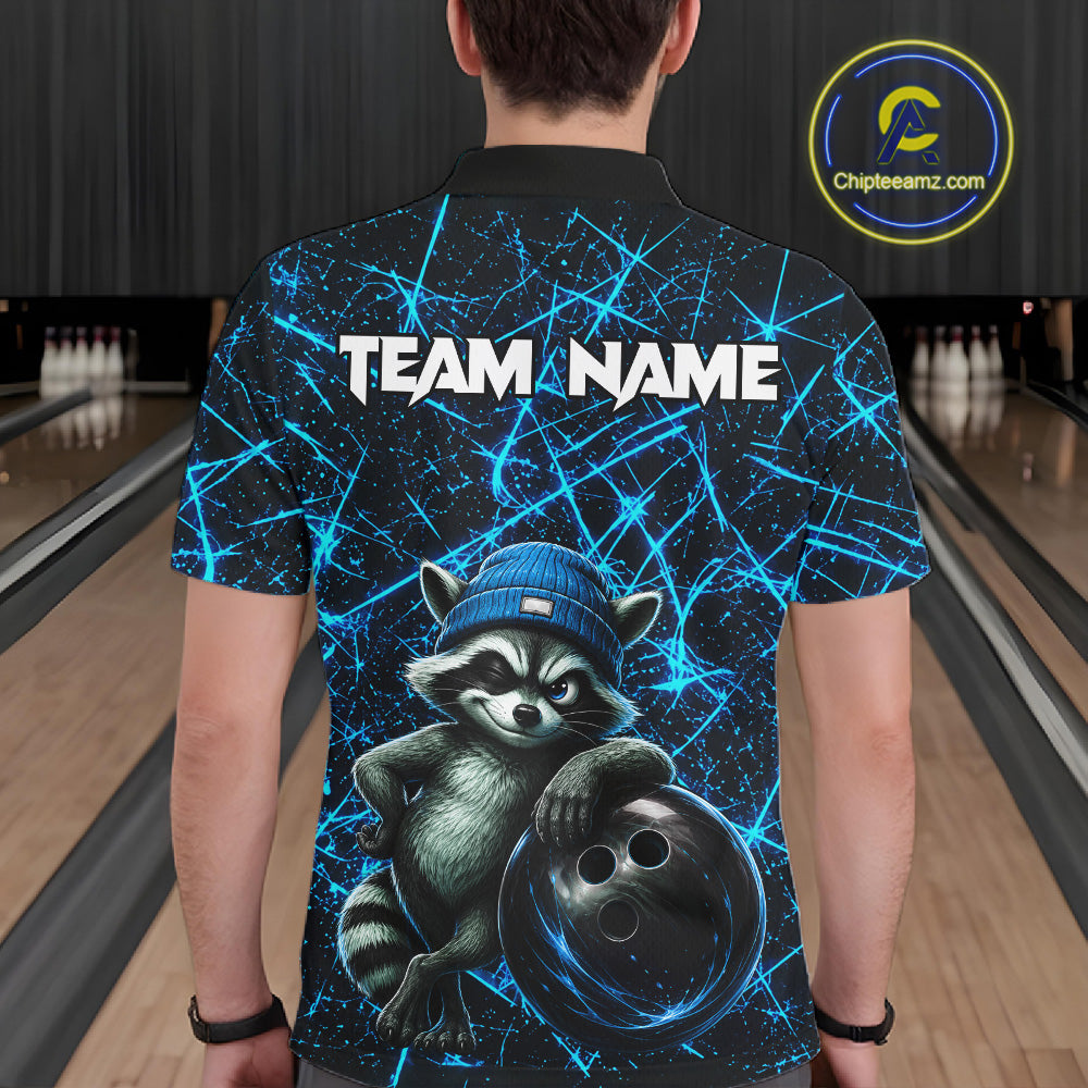Male bowler wearing cool raccoon bowling jersey, neon blue lightning bowling shirt, personalized bowling team apparel