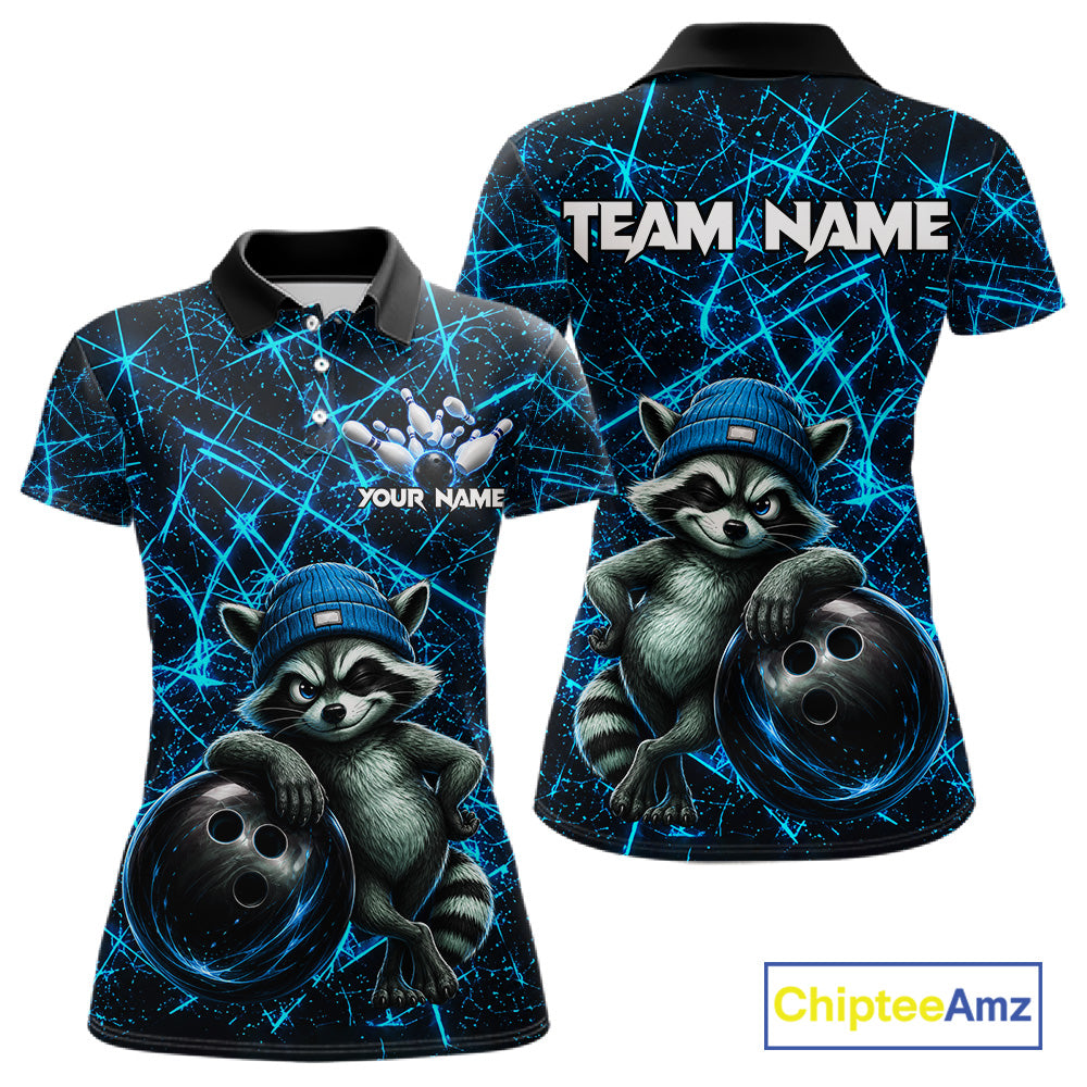 Funny cool raccoon bowling ball women's bowling polo shirt, neon blue lightning bowling jersey, custom bowling team shirt, personalized bowling apparel, bowling league uniform