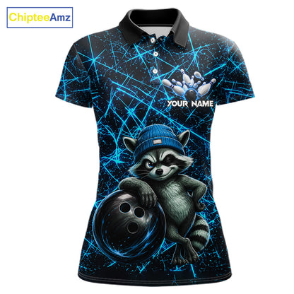 Funny cool raccoon bowling ball women's bowling polo shirt, neon blue lightning bowling jersey, custom bowling team shirt, personalized bowling apparel, bowling league uniform