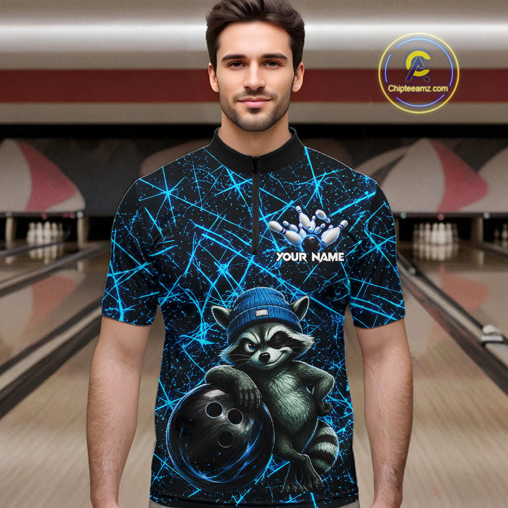 Male bowler wearing cool raccoon bowling jersey, neon blue lightning bowling shirt, personalized bowling team apparel