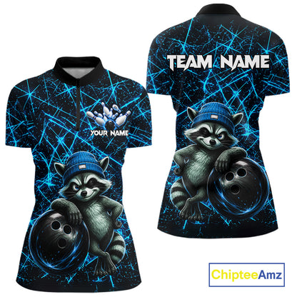 Funny cool raccoon bowling ball women's bowling quarter-zip shirt, neon blue lightning bowling jersey, custom bowling team apparel