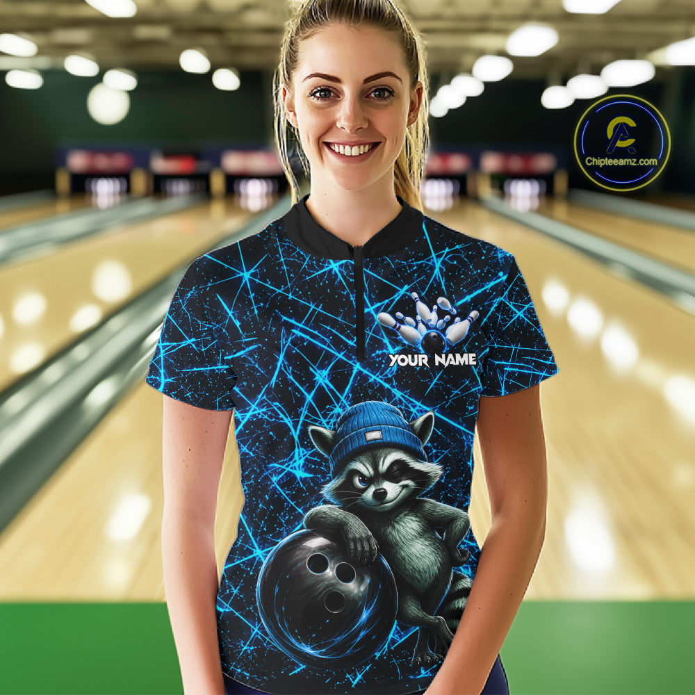 Female bowler wearing cool raccoon bowling jersey, neon blue lightning bowling shirt, personalized bowling team apparel