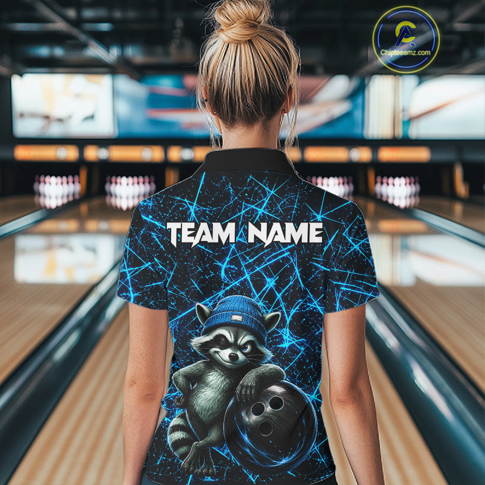 Female bowler wearing cool raccoon bowling jersey, neon blue lightning bowling shirt, personalized bowling team apparel